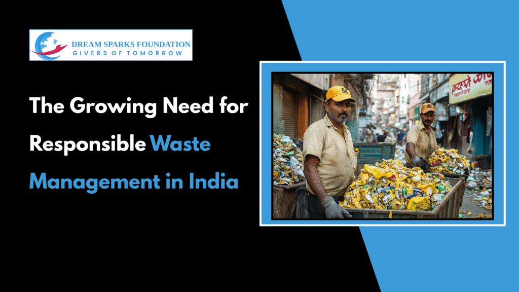 A clean and sustainable waste management scene showing people segregating waste into recycling bins, promoting responsible disposal, recycling, and a greener future in India.