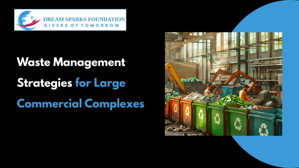 Commercial building with organized waste segregation using recycling and compost bins.