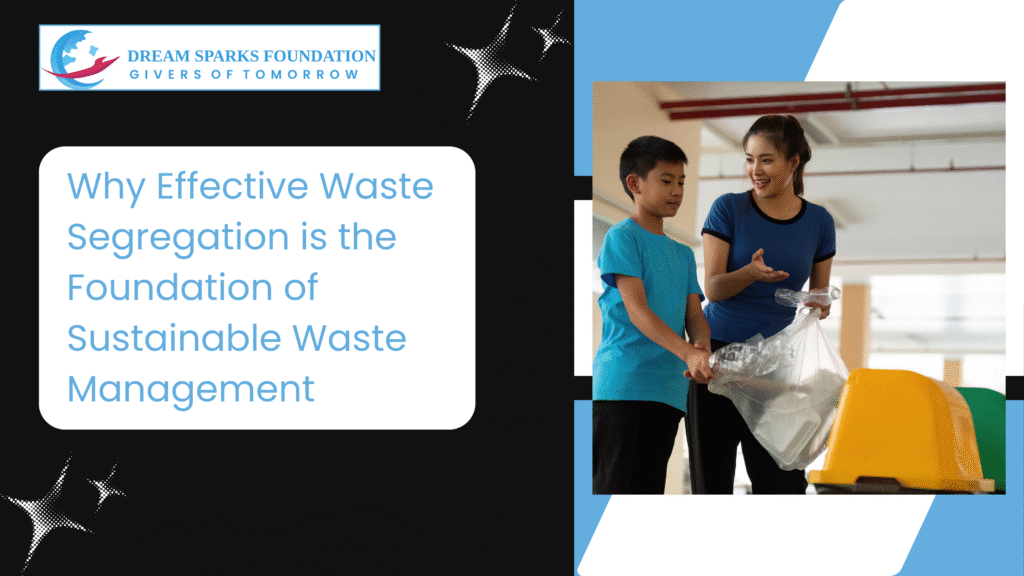 Waste segregation using separate bins for recyclable, organic, and hazardous waste.