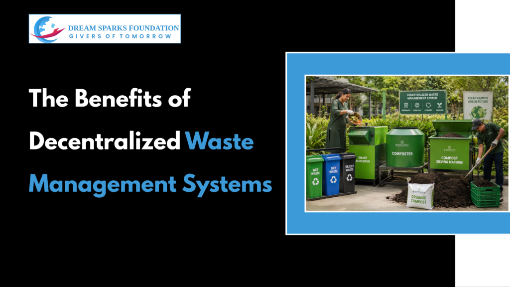 Community-based decentralized waste management system with waste segregation bins, composting unit, and recycling facility promoting sustainable waste management.